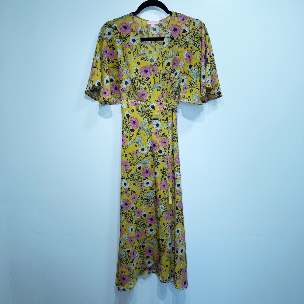 New Re:Named Yellow Floral Flutter Sleeve‎ Wrap Maxi Dress Size Medium